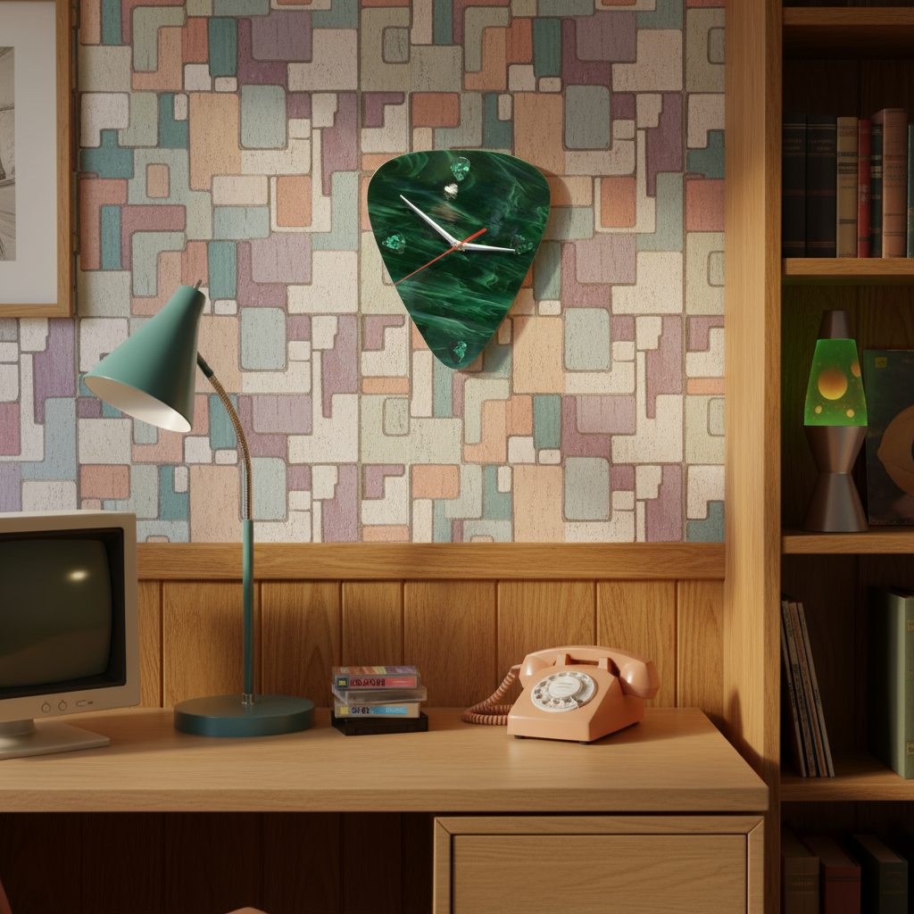 Green Art Glass Guitar Pick Wall Clock