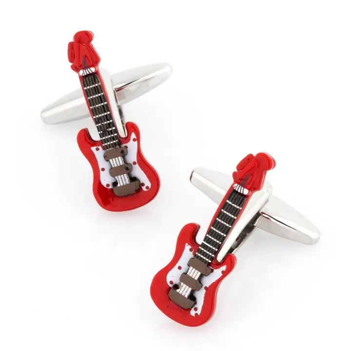 Red guitar-shaped cufflinks on a white background