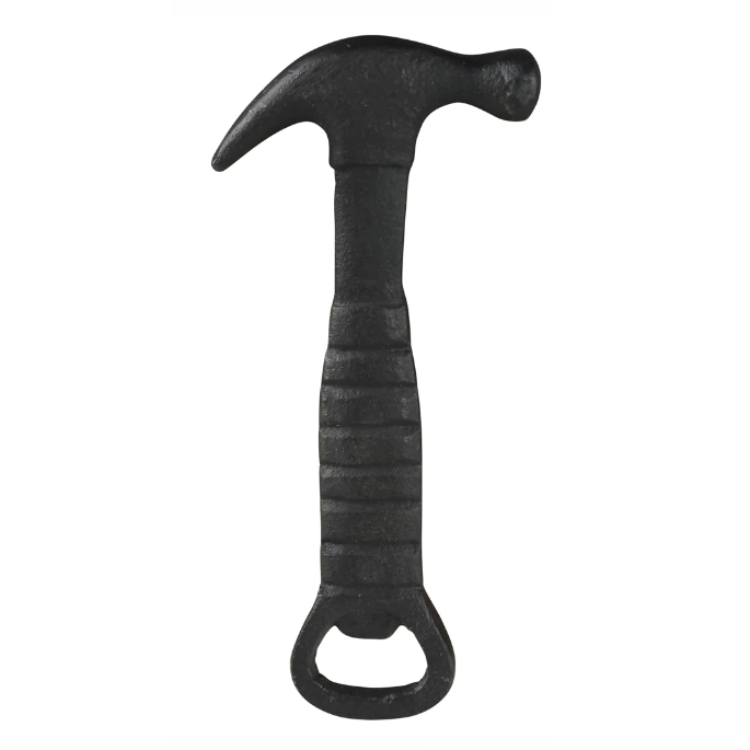 Black cast iron hammer-shaped bottle opener on a white background