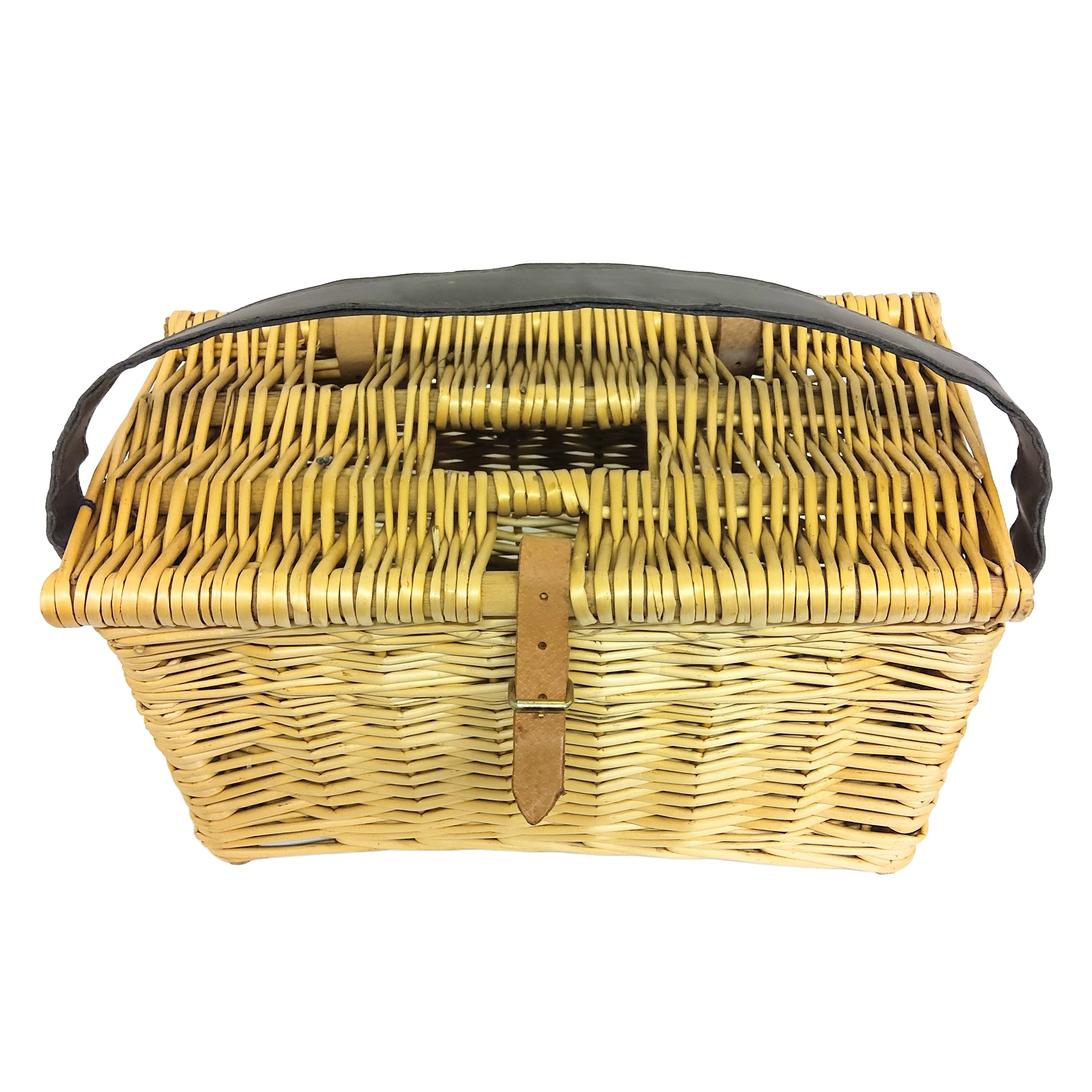 A hand woven fishing basket with leather strap.