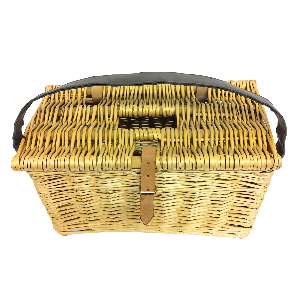 A hand woven fishing basket with leather strap.