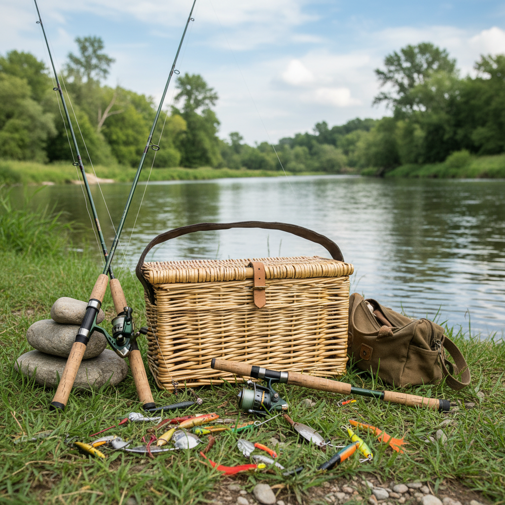 A hand-woven brown fishing basket with a lid and leather carrying strap on grass beside a river with fishing rods and lures nearby.