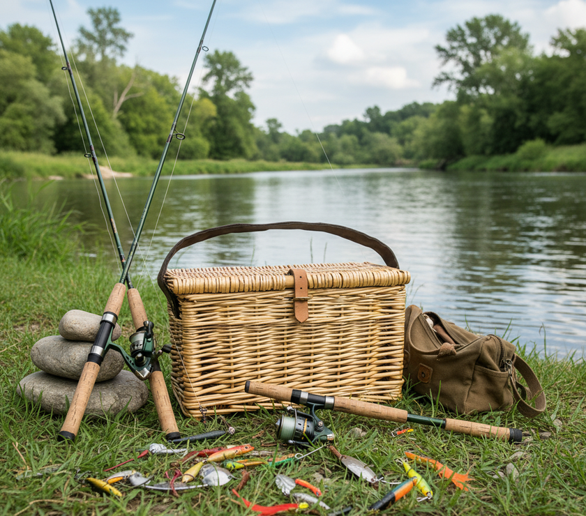 A hand-woven brown fishing basket with a lid and leather carrying strap on grass beside a river with fishing rods and lures nearby.