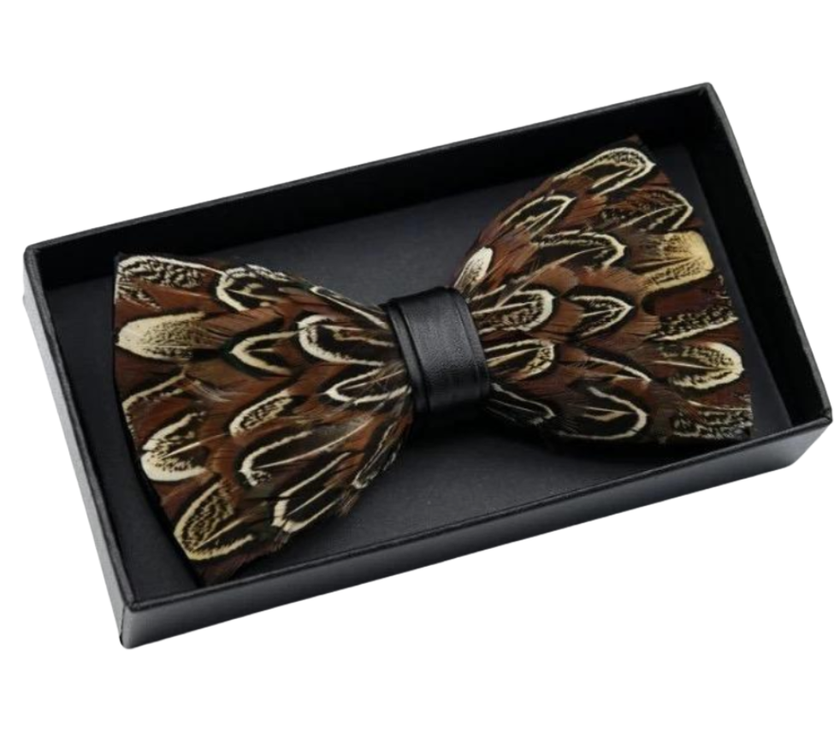 Brown feathered bow tie in a black box on a white background
