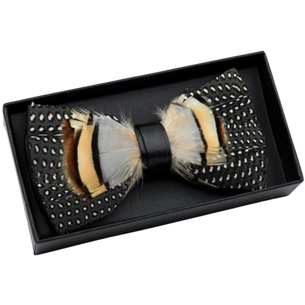Feathered bow tie in a black box on a white background