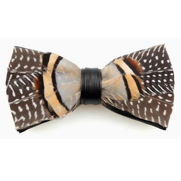 Feathered bow tie with brown, beige, and black pattern on a white background