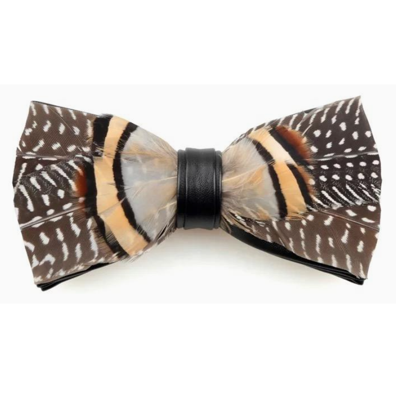Feathered bow tie with brown, beige, and black pattern on a white background