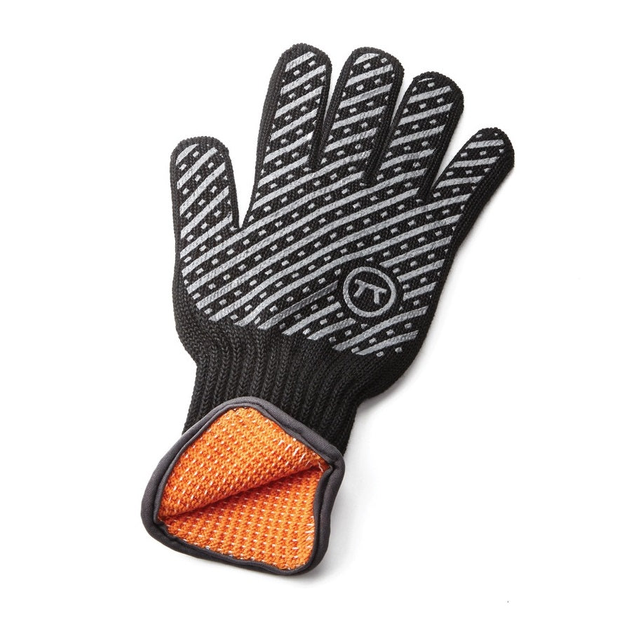 Black and gray grilling glove with orange interior on a white background