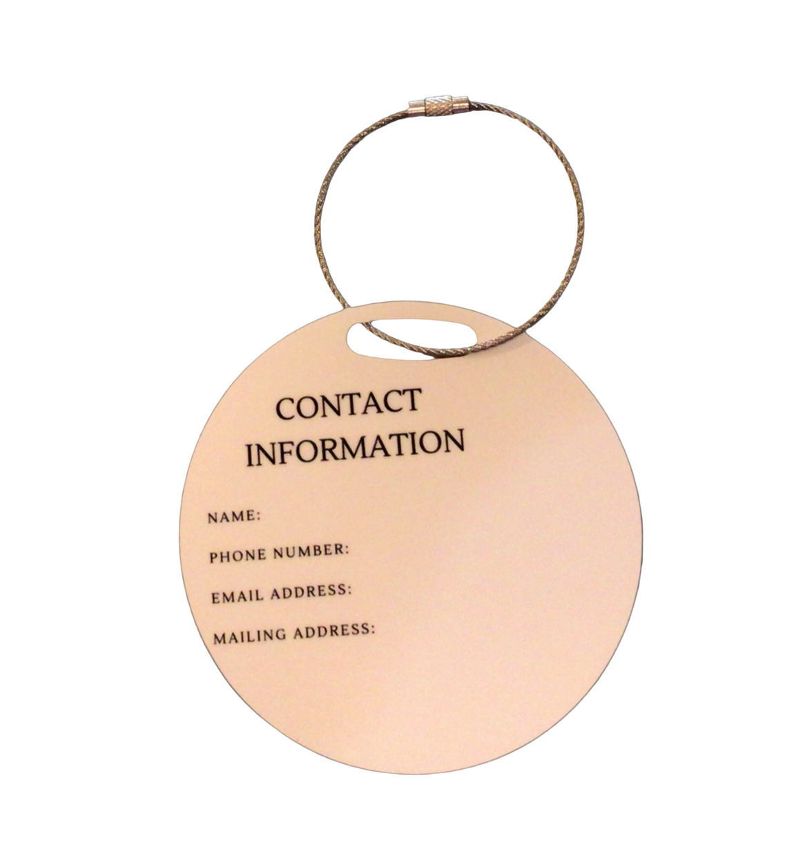 The back of a circular luggage tag with a place to add contact information such as Name, Phone Number, Email Address, and Mailing Address.