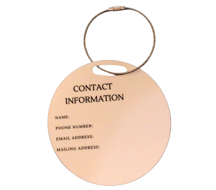 The back of a circular luggage tag with a place to add contact information such as Name, Phone Number, Email Address, and Mailing Address.