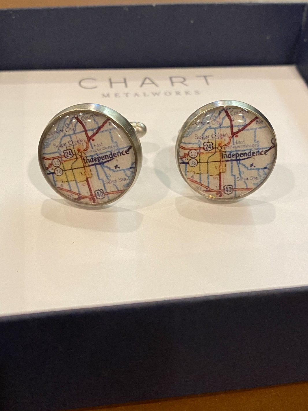 Cufflinks featuring a map of Independence, Missouri.