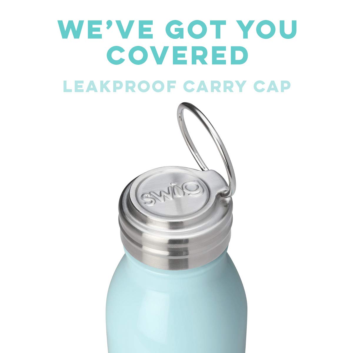 Light blue water bottle with silver leakproof carry cap on a white background, featuring the brand 'Swig'.