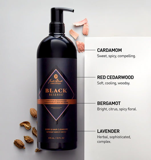 A bottle of Jack Black Reserve Hair and Body Wash with text for key scents.