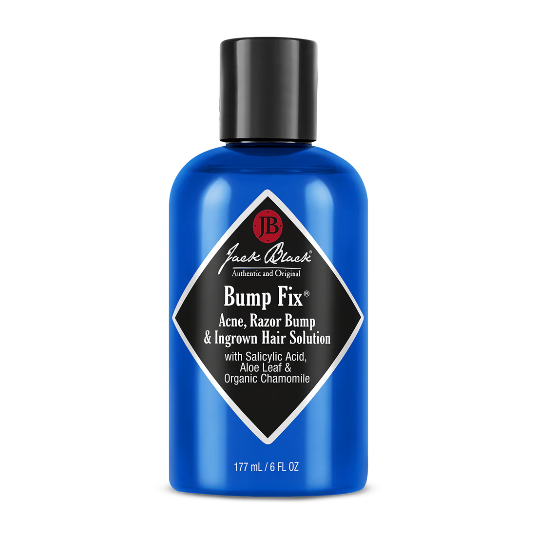 A bottle of Jack Black Bump Fix, a skin care product with a blue label and black cap, designed for reducing bumps and irritation.