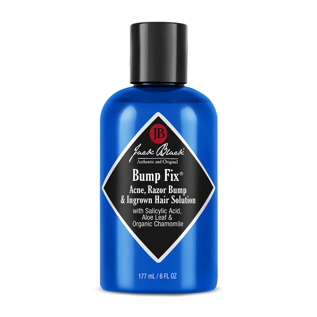A bottle of Jack Black Bump Fix, a skin care product with a blue label and black cap, designed for reducing bumps and irritation.