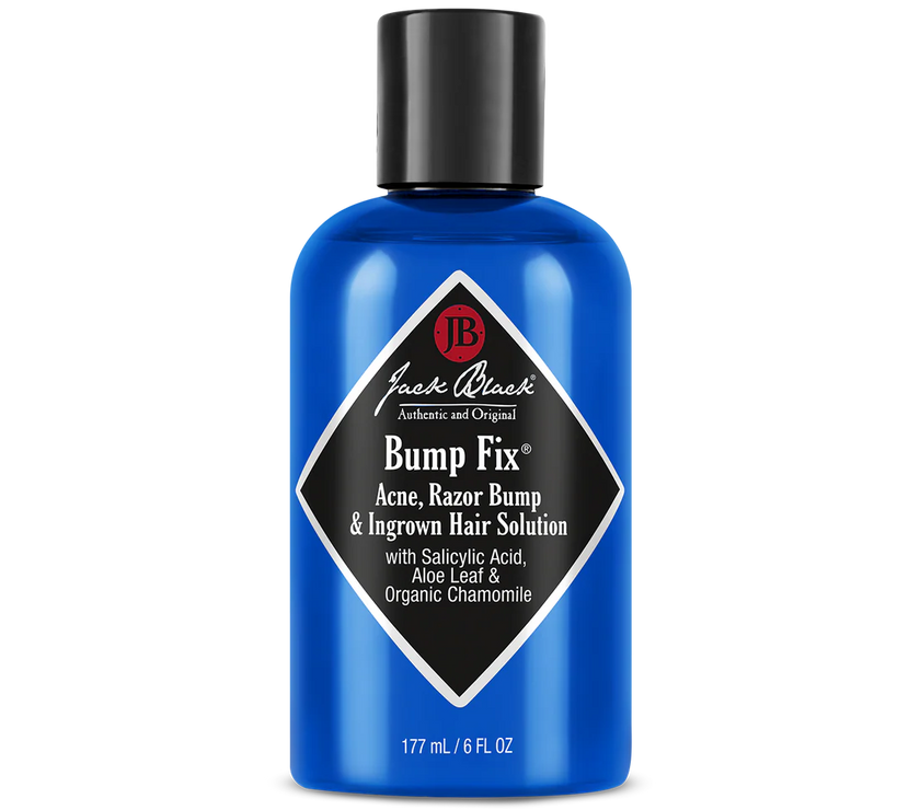 A bottle of Jack Black Bump Fix, a skin care product with a blue label and black cap, designed for reducing bumps and irritation.