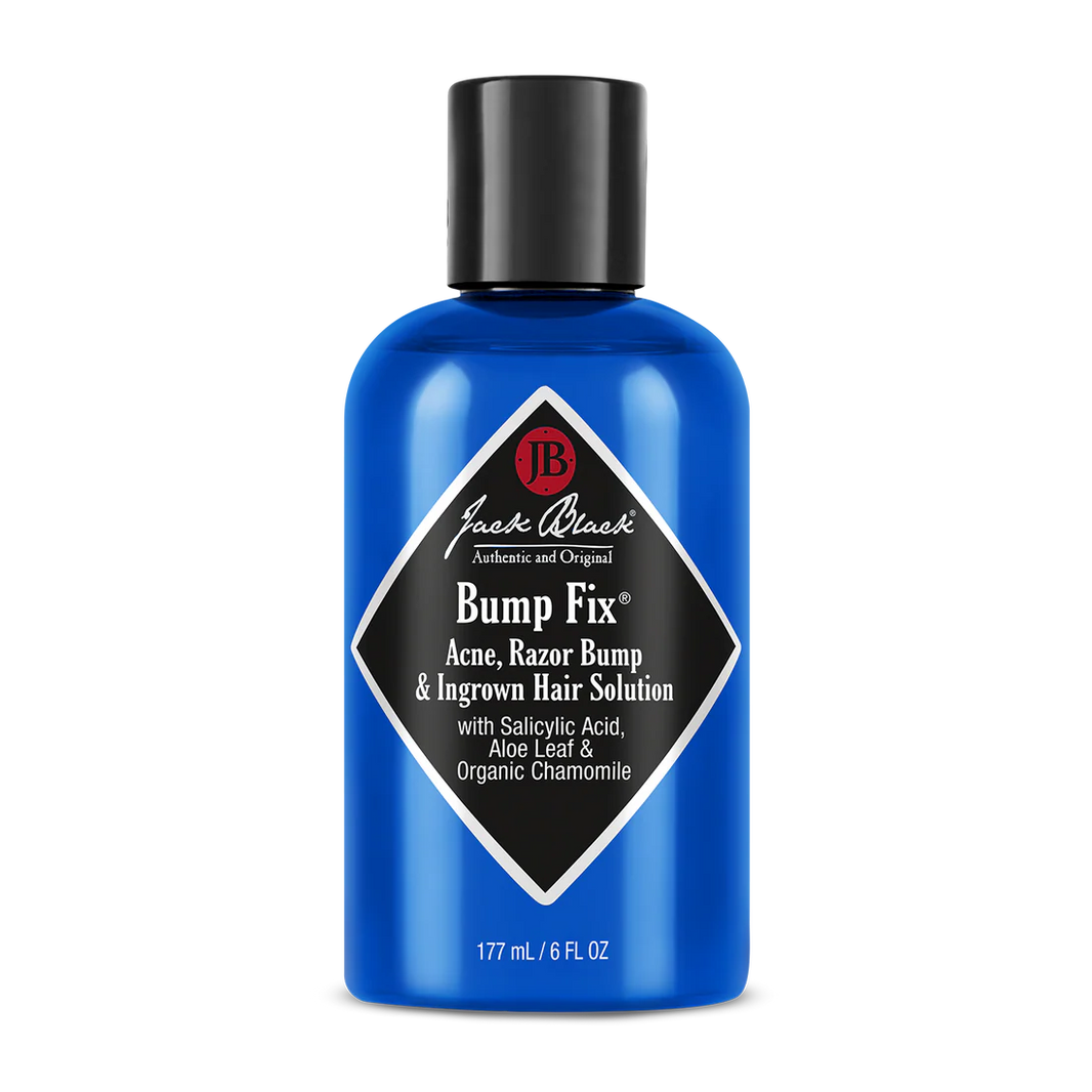 A bottle of Jack Black Bump Fix, a skin care product with a blue label and black cap, designed for reducing bumps and irritation.