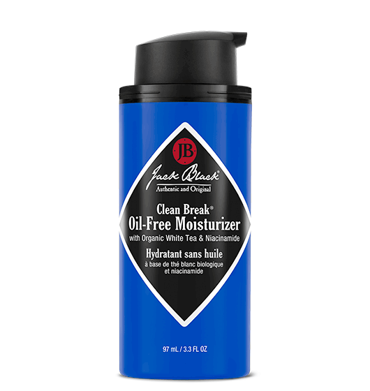 A blue bottle of Jack Black Clean Break Oil-Free Moisturizer with the top off.
