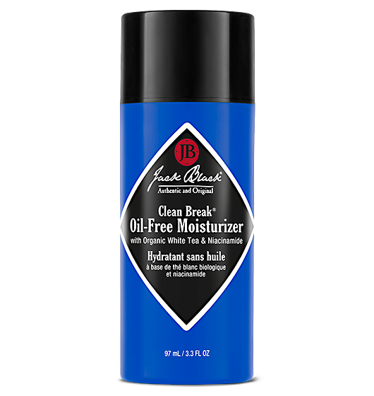 A blue bottle of Jack Black Clean Break Oil-Free Moisturizer with white and red label text.