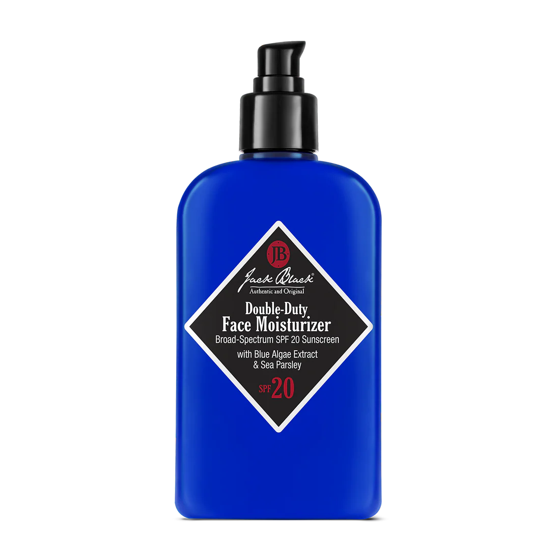 A blue bottle of Jack Black Double Duty Face Moisturizer with SPF 20 with black labeling.