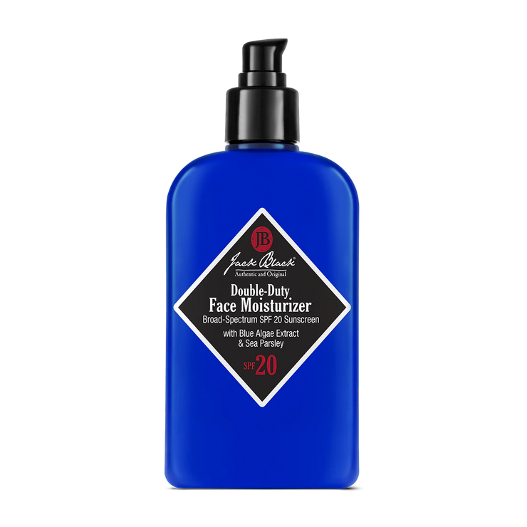 A blue bottle of Jack Black Double Duty Face Moisturizer with SPF 20 with black labeling.