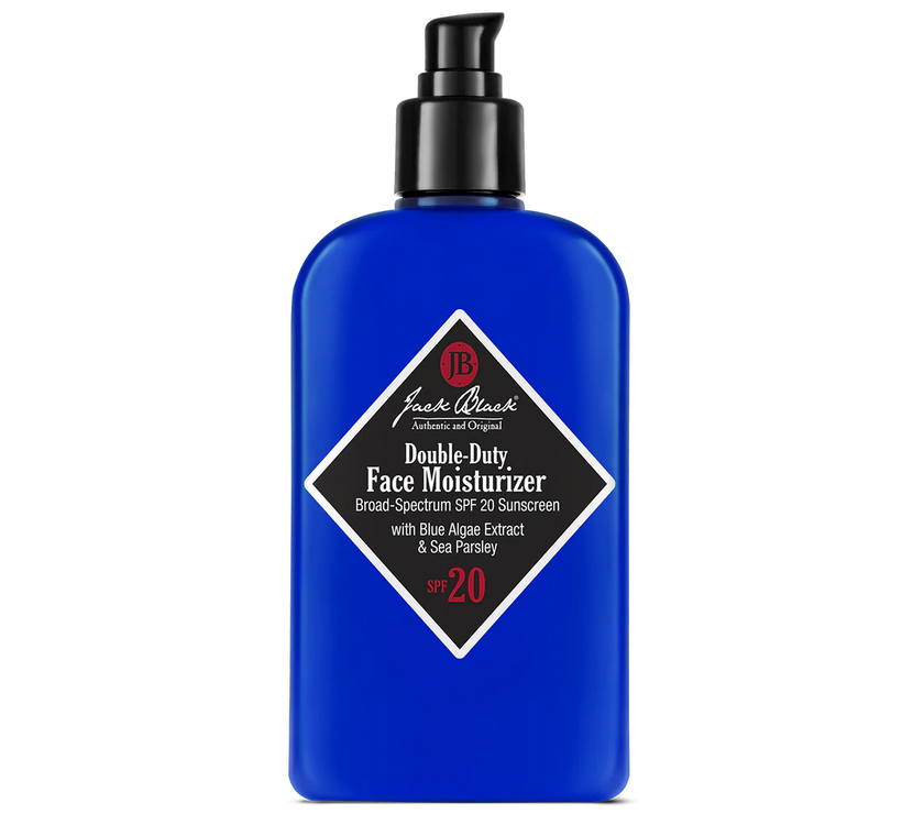 A blue bottle of Jack Black Double Duty Face Moisturizer with SPF 20 with black labeling.