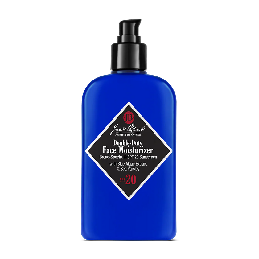 A blue bottle of Jack Black Double Duty Face Moisturizer with SPF 20 with black labeling.