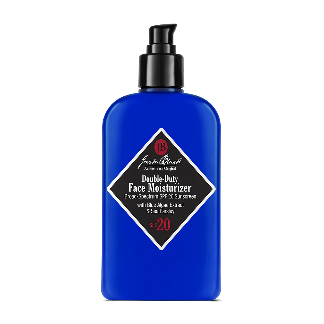 A blue bottle of Jack Black Double Duty Face Moisturizer with SPF 20 with black labeling.