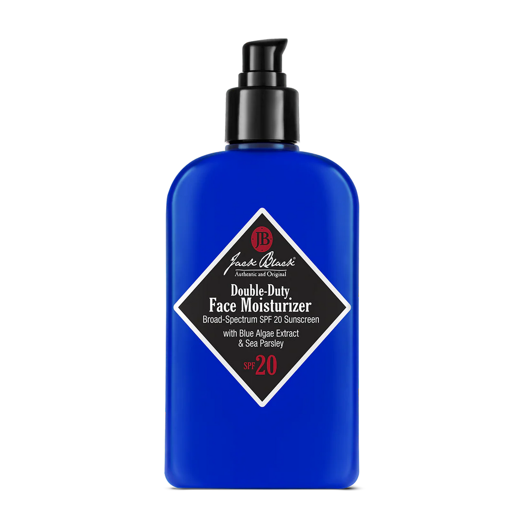 A blue bottle of Jack Black Double Duty Face Moisturizer with SPF 20 with black labeling.