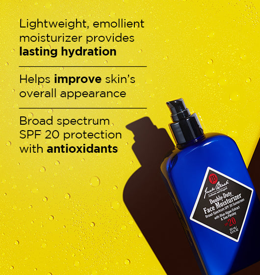 An infographic with a bottle of Jack Black Double Duty Face Moisturizer with SPF 20 and text describing its benefits.