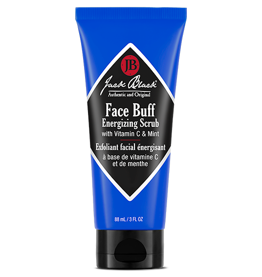 A tube of Jack Black Face Buff Energizing Scrub with blue and black packaging, indicating that it is a facial scrub product with vitamin C.