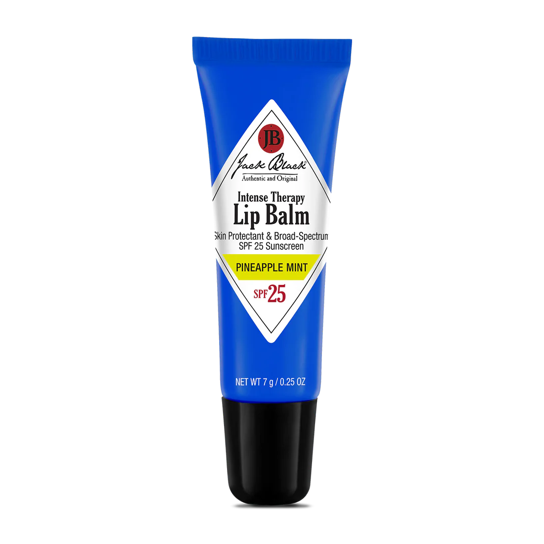 A tube of Jack Black Intense Therapy Lip Balm with SPF 25, blue packaging with white and black labeling. 