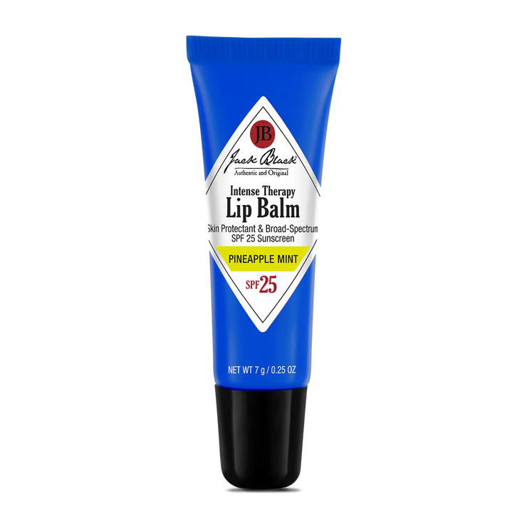 A tube of Jack Black Intense Therapy Lip Balm with SPF 25, blue packaging with white and black labeling. 