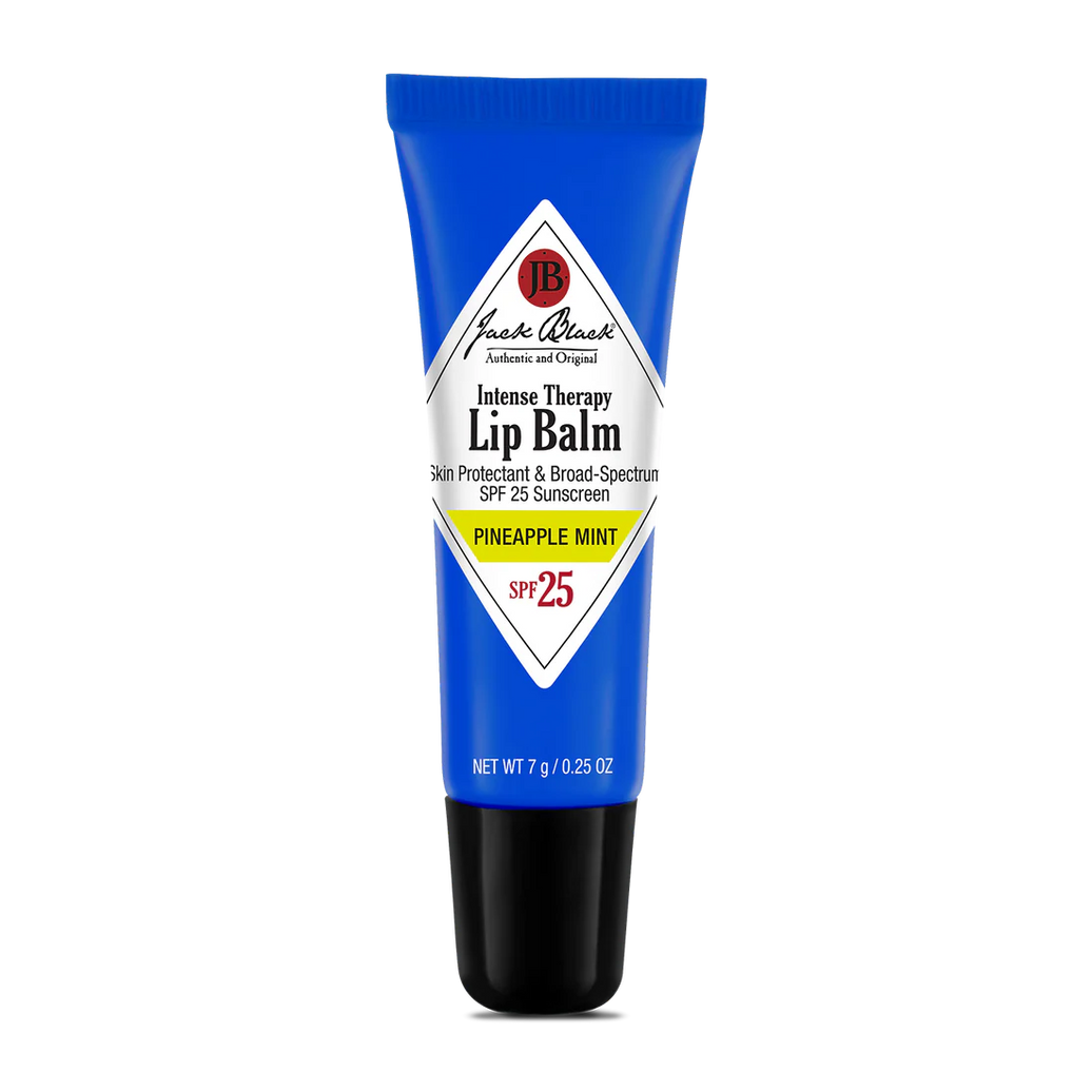 A tube of Jack Black Intense Therapy Lip Balm with SPF 25, blue packaging with white and black labeling. 