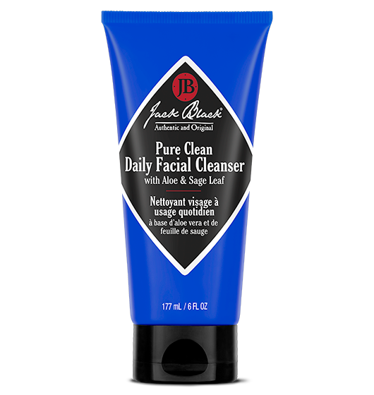 A bottle of Jack Black Pure Clean Daily Facial Cleanser with blue and black packaging.