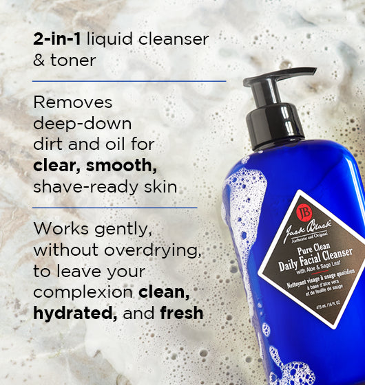 An infographic for Jack Black Pure Clean Daily Facial Cleanser and text describing its benefits.