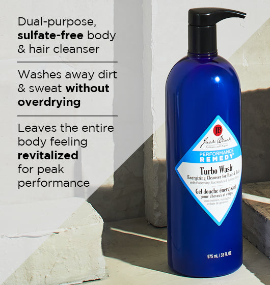 A bottle of Jack Black Turbo Wash with text describing its benefits.