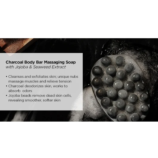 An infographic describing the benefits of Jack Black Charcoal Body Bar with massaging nubs.