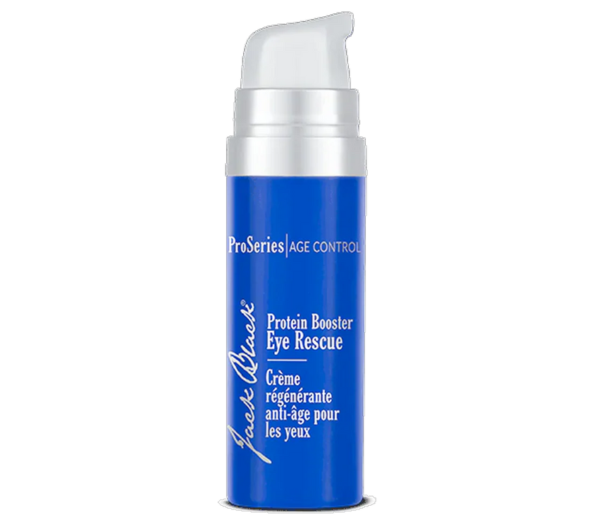 Blue eye cream Jack Black Protein Booster Eye Rescue on a white background.