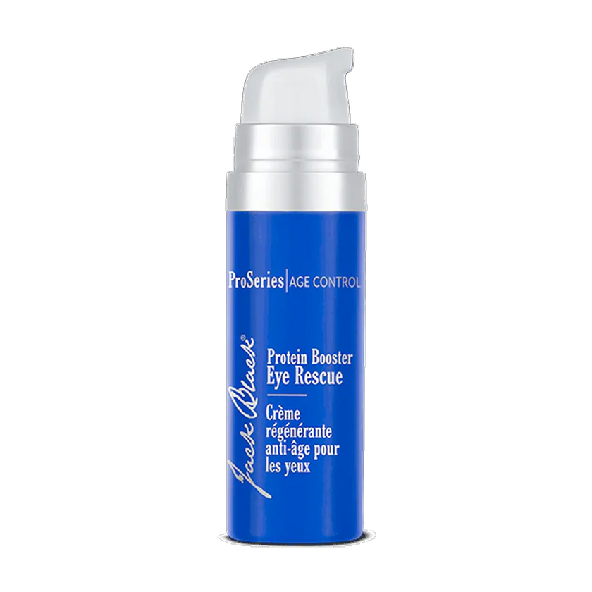 Blue eye cream Jack Black Protein Booster Eye Rescue on a white background.