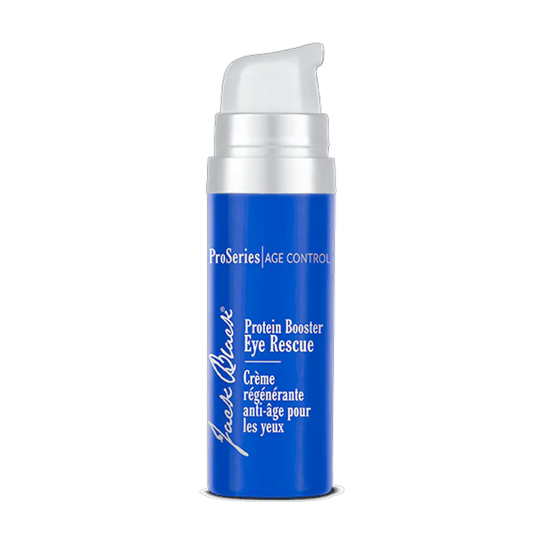 Blue eye cream Jack Black Protein Booster Eye Rescue on a white background.