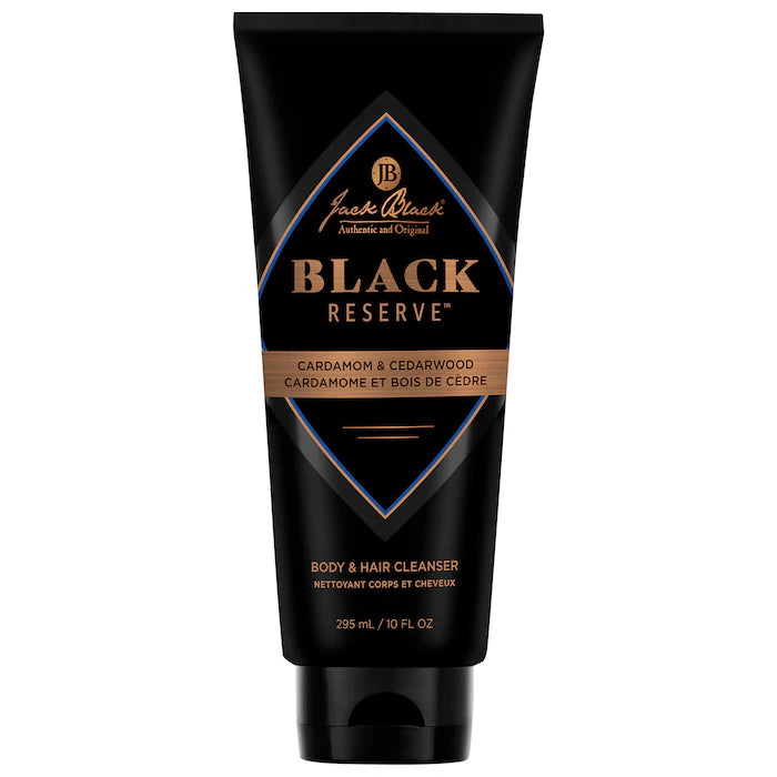 Tube of Jack Black Black Reserve Body & Hair Cleanser with cardamom and cedarwood scents, 295 ml / 10 fl oz size.