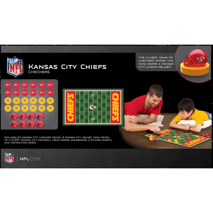 Kansas City Chiefs checkers set with packaging featuring a man and child playing.