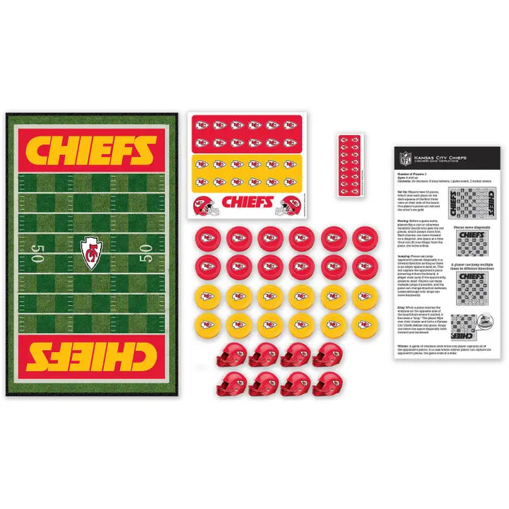 Kansas City Chiefs checkers game showing the board, pieces, and rules.