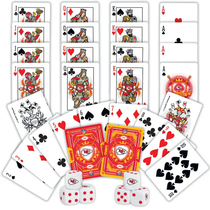 Set of playing cards with Kansas City Chiefs logo and dice on a white background