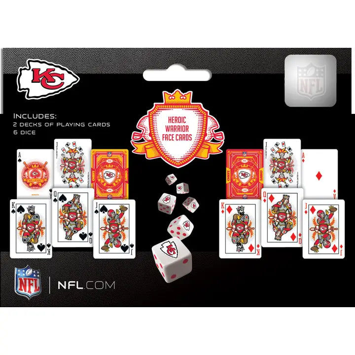 Packaging of playing cards and dice set with NFL branding
