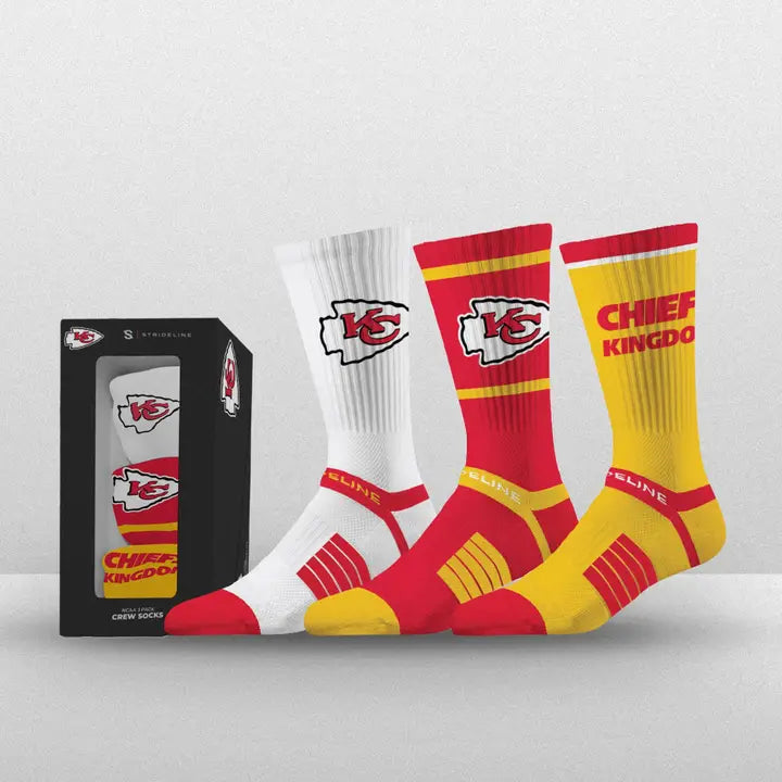 Three pairs of socks with a sports team logo on a white background