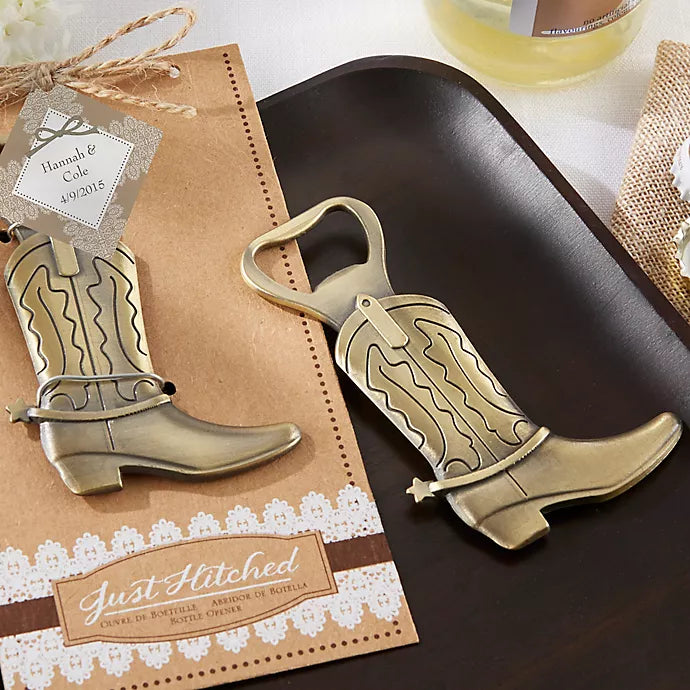 Two bottle openers in the shape of a cowboy boot on top of a brown and black background.