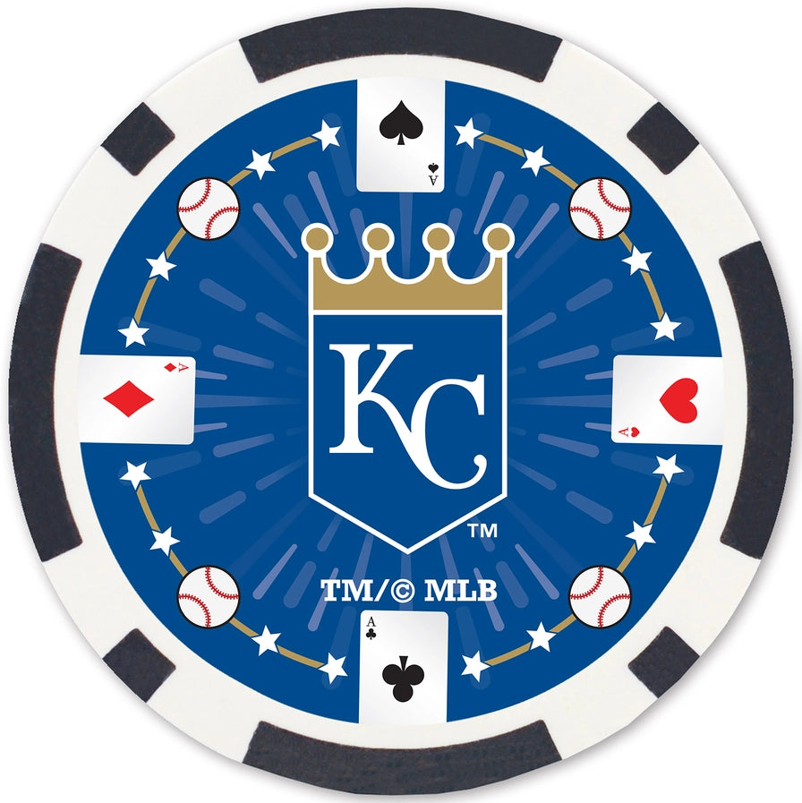 A blue and white casino-style poker chip with the Kansas City Royals logo and the text '100% MLB' on it.