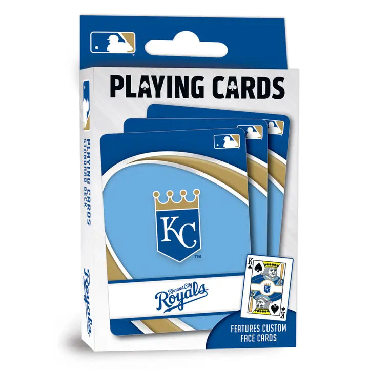 Packaging for Kansas City Royals Playing Cards featuring the team's logo on the cards and packaging.